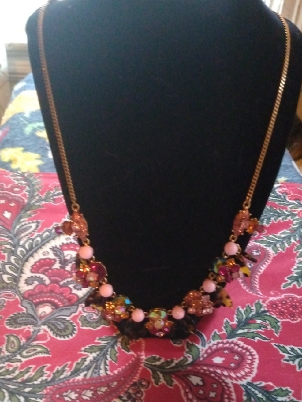 J Crew Gold-Tone Pink Beaded Floral Statement Necklace
